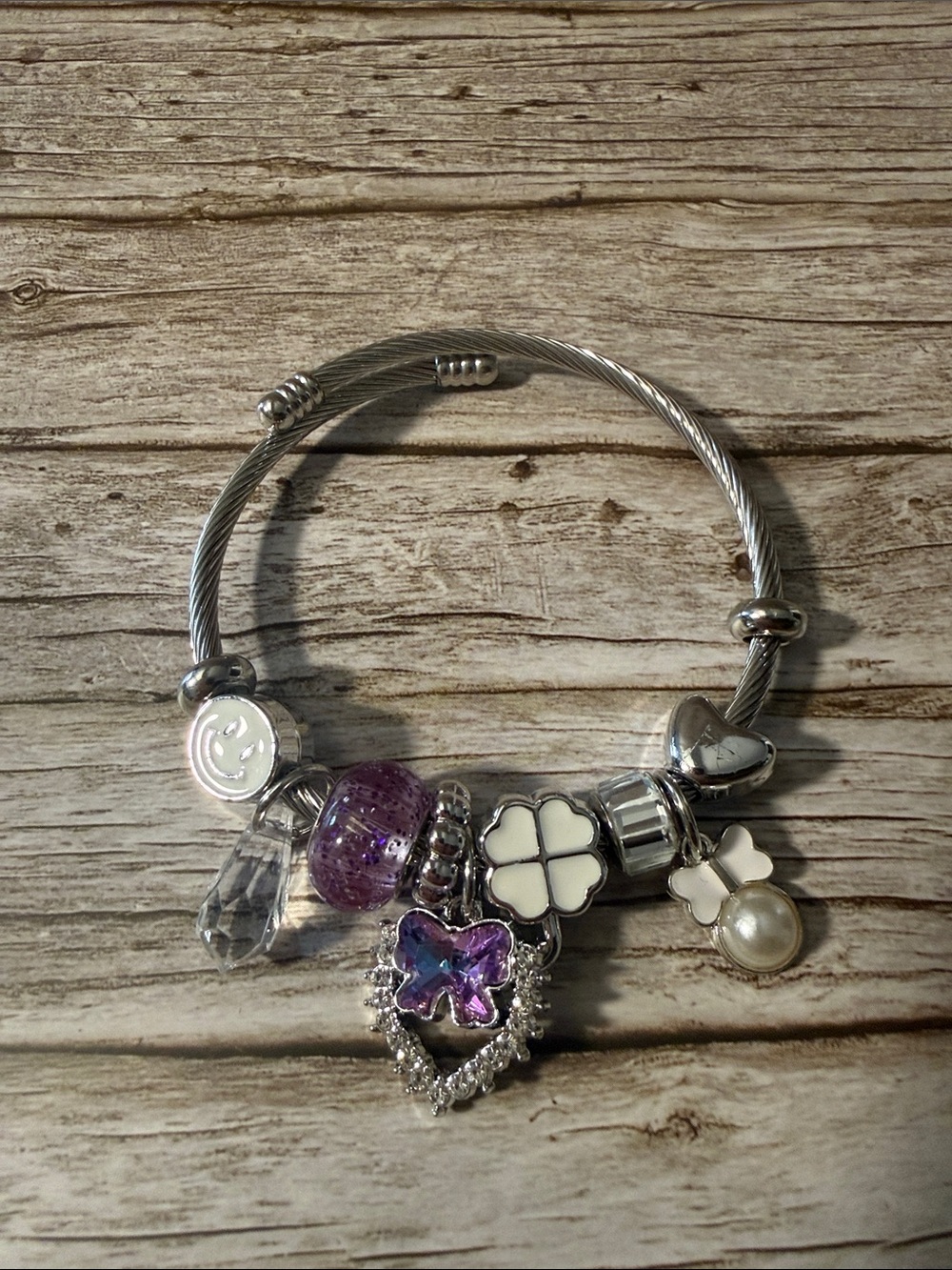 Silver Charm Bracelet with Butterfly, Clover, and Pearl Charms Stainless Steel